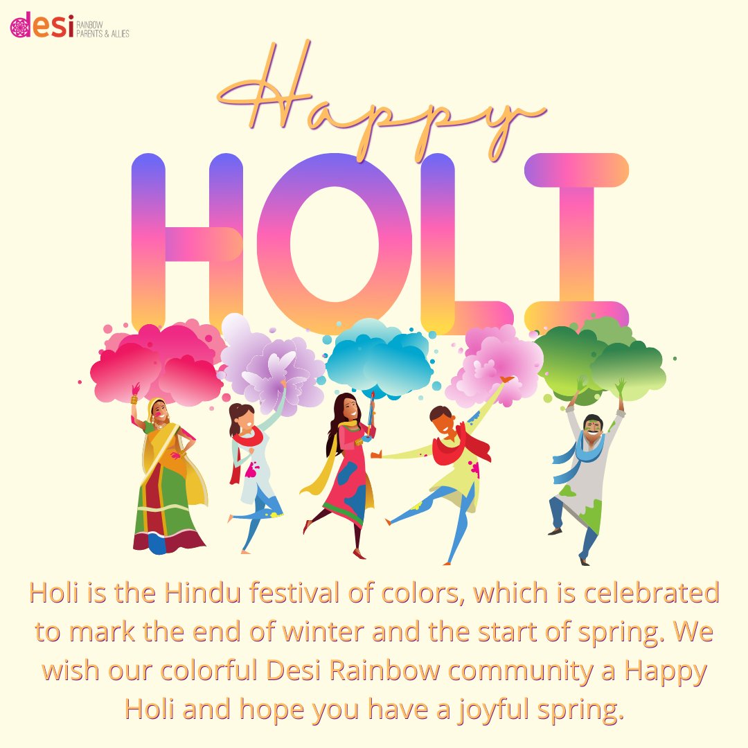 We wish our Desi Rainbow community a happy Holi and hope that you all have a joyful spring. #holi #happyholi #southasian #desi #holidays #lgbtqia #family #community #desirainbow #desirainbowparents