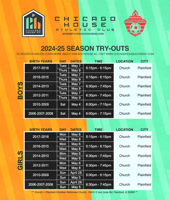 Tryouts for the for the 2024-25 season are just around the corner. Be sure to register as soon as possible.

Academy website: chicagohouseacacademy.com

Registration link: registration.teamsnap.com/form/4049

#UpTheHouse 🧡🖤💚
