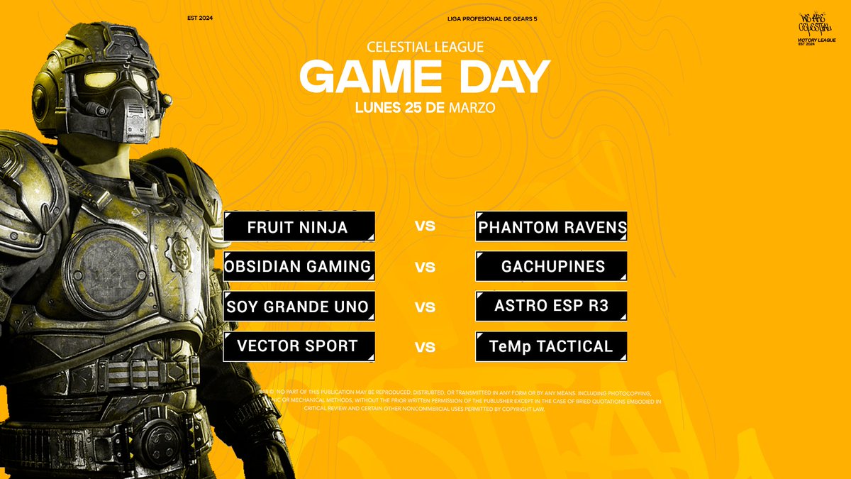 Celestial Victory League (@celestial_vl) on Twitter photo Damos comienzo oficialmente con nuestra Pretemporada con los siguientes enfrentamientos.
Jornada 2
Modalidad: Ejecuciรณn
Mapa: Torre de Reloj
Participantes:
Fruit Ninja
<a href="/PhantomRavensOf/">Phantom Ravens</a>
<a href="/TeMpTcA/">TeMp Tactical</a>
<a href="/AstroE_Sports/">Astro Esports</a>
<a href="/OB_OBSIDIANG/">Obsidian Gaming</a>
<a href="/VectorSportG/">Vector Sport</a>
Gachupines
Soy Grande Uno Damos comienzo oficialmente con nuestra Pretemporada con los siguientes enfrentamientos.
Jornada 2
Modalidad: Ejecuciรณn
Mapa: Torre de Reloj
Participantes:
Fruit Ninja
<a href="/PhantomRavensOf/">Phantom Ravens</a>
<a href="/TeMpTcA/">TeMp Tactical</a>
<a href="/AstroE_Sports/">Astro Esports</a>
<a href="/OB_OBSIDIANG/">Obsidian Gaming</a>
<a href="/VectorSportG/">Vector Sport</a>
Gachupines
Soy Grande Uno