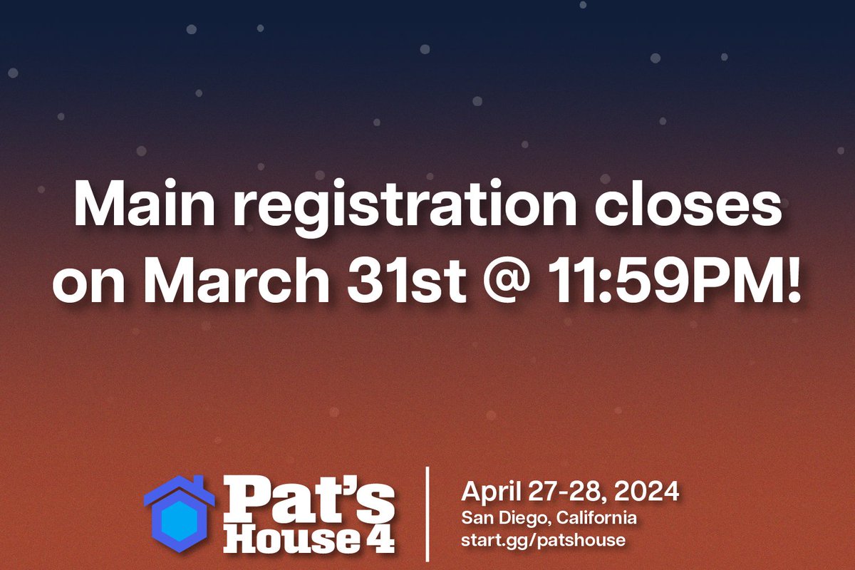 !! ATTENTION !!

📝Main registration for Pat's House 4 closes in 6 days!

Be sure to snag your registration before the price goes up!