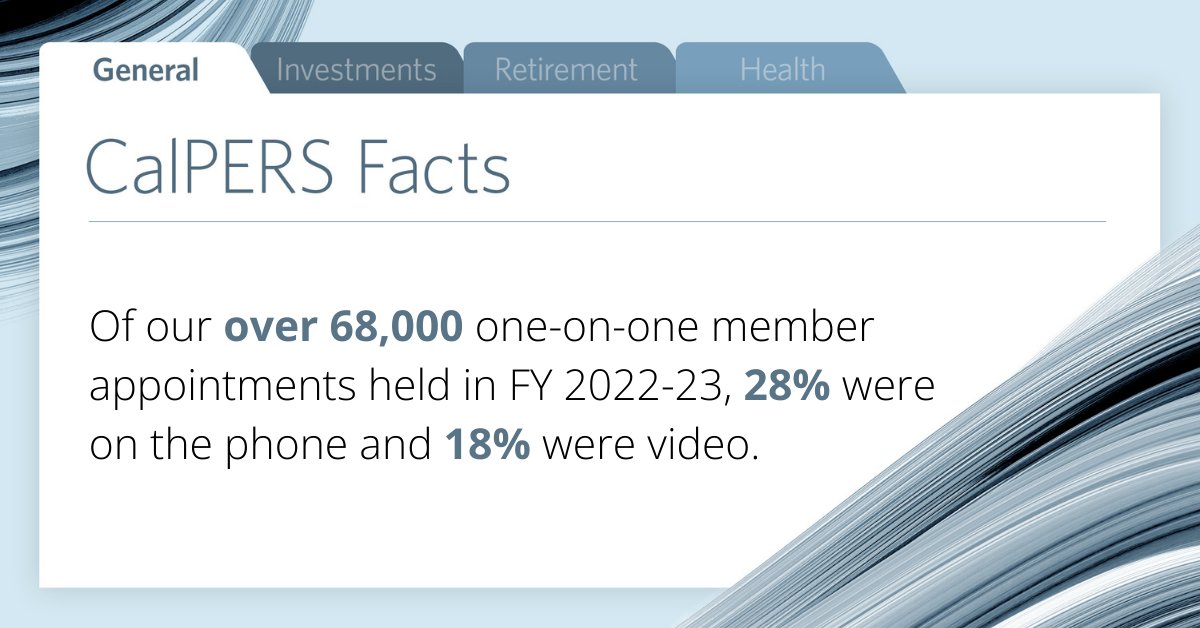 Would you like to meet with us from the comfort of your home? We offer phone and video appointments to our members to discuss topics like service credit, retirement, and health benefits. Schedule an appointment: bit.ly/3Sqc6E7. #CalPERSFact