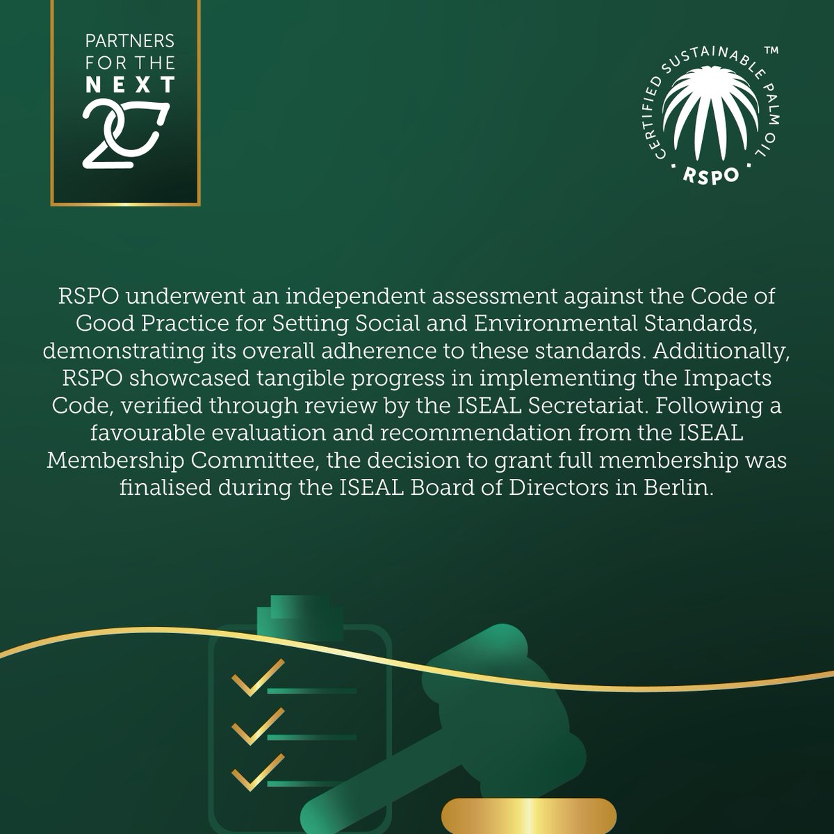 Did you know that we're a full member of the prestigious @ISEALalliance? Just two years after joining as an associate member in 2013, we achieved this major milestone, speaking volumes about RSPO's unwavering commitment to maintain credible and effective operational standards.…