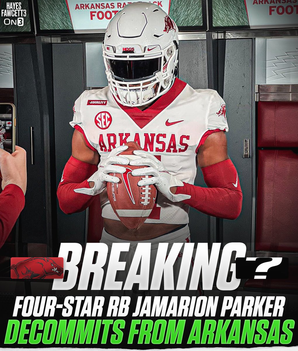 Hayesfawcett3's tweet photo. BREAKING: Four-Star RB Jamarion Parker has Decommitted from Arkansas, he tells me for @on3recruits
The 6โ0 182 RB from Saint Louis, MO had been committed to the Razorbacks since September
Parker is the 2nd recruit to Decommit from Arkansas today
https://t.co/wtLHpglhvW https://t.co/bSfl6G5X2A