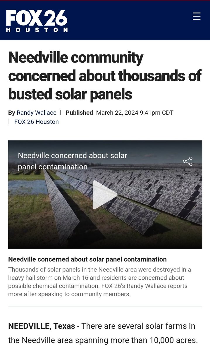 Flag this 🚩
Hail storm demolished thousands of solar panels and neighbors concerned about toxic, cancer causing chemicals leaching into well water.  

Every solar farm apparently has the potential to become the next Superfund site.

Outside Houston, Texas
fox26houston.com/news/needville…