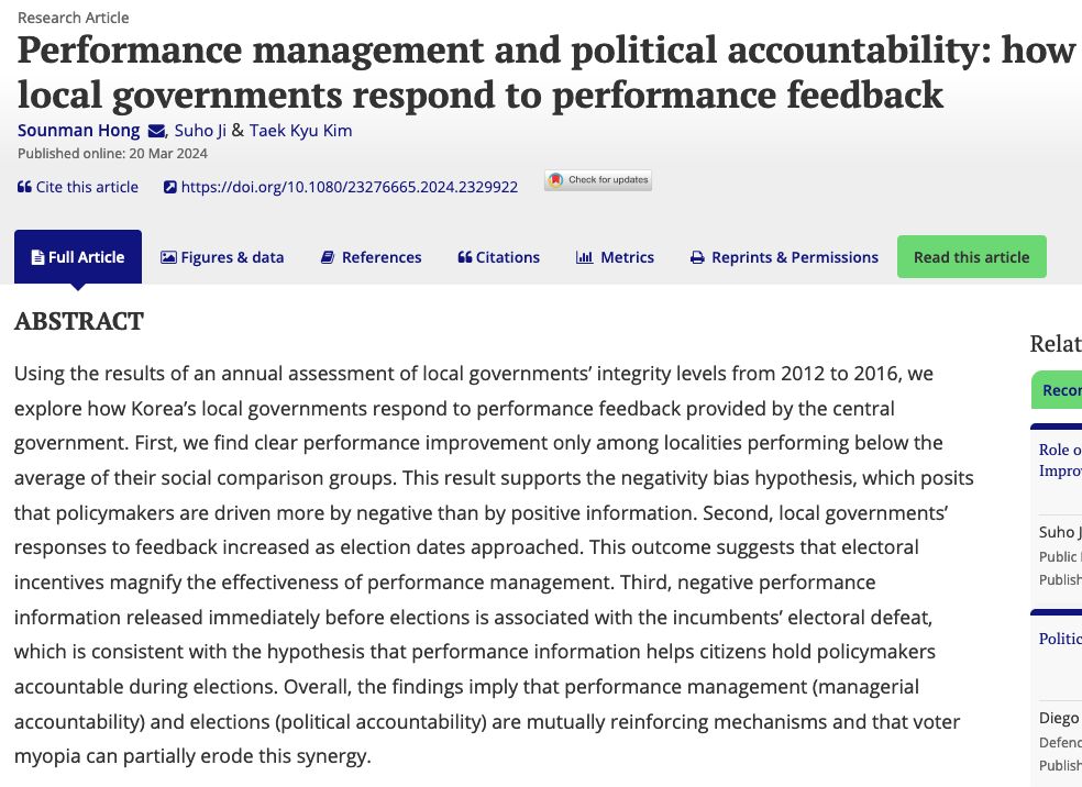 Asia Pacific Journal of PA (@apjournalpa) on Twitter photo Just out! Hong, Ji <a href="/yonsei_u/">Yonsei University</a> & Kim <a href="/UniofExeter/">University of Exeter</a> use the results of an annual assessment of local governments’ integrity (2012-2016) to explore how they respond to performance feedback provided by the central government in #SouthKorea buff.ly/3PBpiE9 <a href="/journal_pad/">Public Admìnistration and Development</a> <a href="/PMReview/">PMReview</a> Just out! Hong, Ji <a href="/yonsei_u/">Yonsei University</a> & Kim <a href="/UniofExeter/">University of Exeter</a> use the results of an annual assessment of local governments’ integrity (2012-2016) to explore how they respond to performance feedback provided by the central government in #SouthKorea buff.ly/3PBpiE9 <a href="/journal_pad/">Public Admìnistration and Development</a> <a href="/PMReview/">PMReview</a>