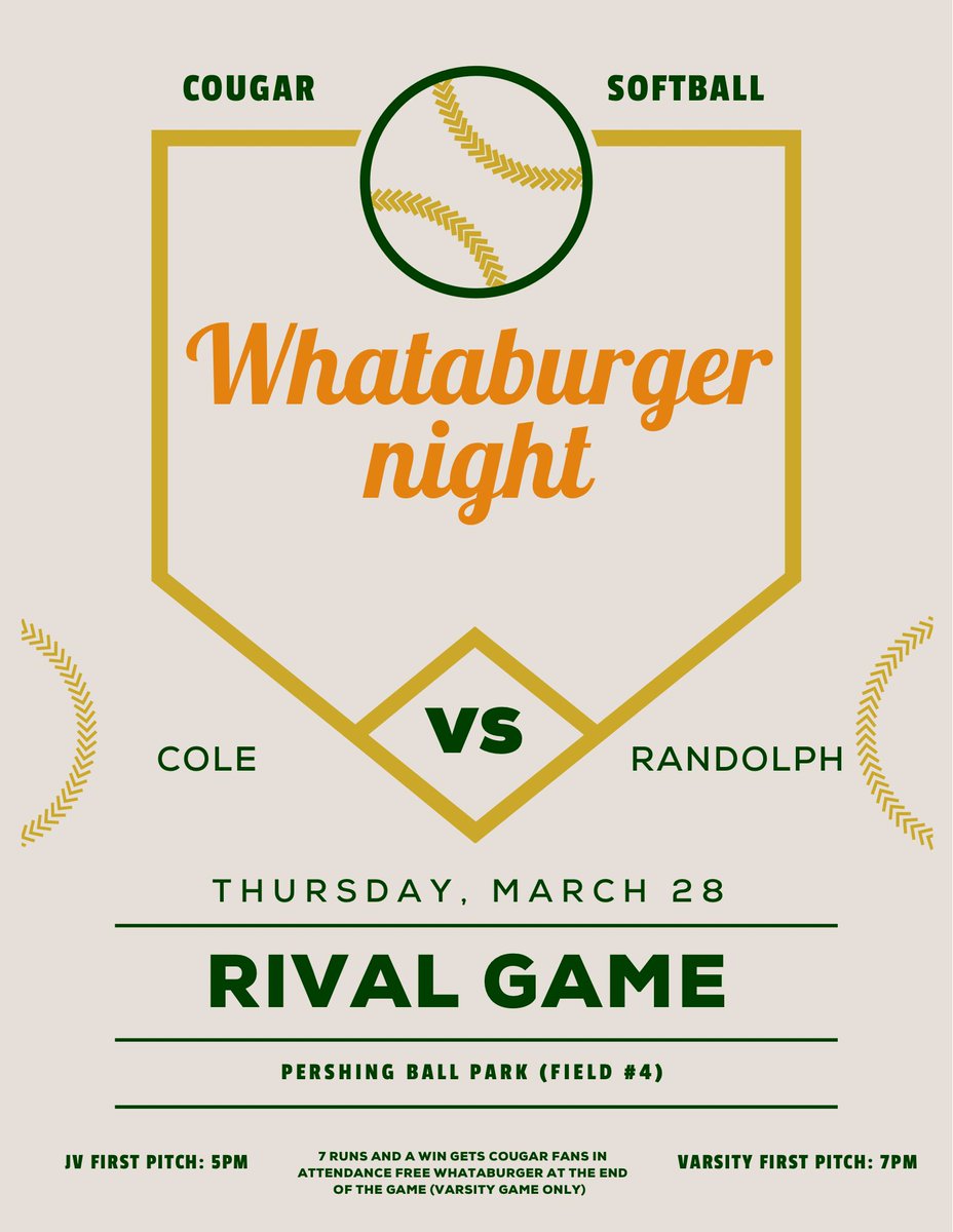 Whataburger Night happening this Thursday! 7 runs and a win gets Cougar fans in attendance FREE Whataburger at the end of the varsity game 🥎💥 JV first pitch: 5PM Varsity first pitch: 7PM