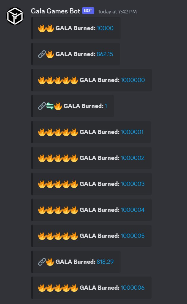 It has been a busy evening in the $GALA burn channel in Discord! Join Discord to follow along! There is also a channel in Telegram. There, you can see every burn as it goes through, whether it is from a bridging fee, a #GalaSwap transaction, or anything else.…