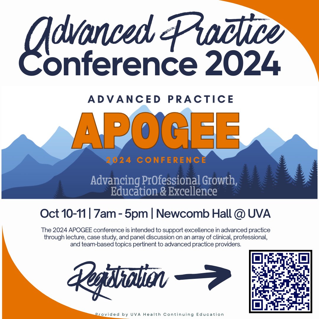 UVA_APPs's tweet photo. Check out our #AdvancedPractice APOGEE conference in beautiful Charlottesville, Virginia on October 10-11, 2024!      

Brochure:  https://t.co/9Ey0KBxkuM
Registration:  https://t.co/nln08RK1Ai

Mark your calendars and register now! https://t.co/7Ovwd2UAMl