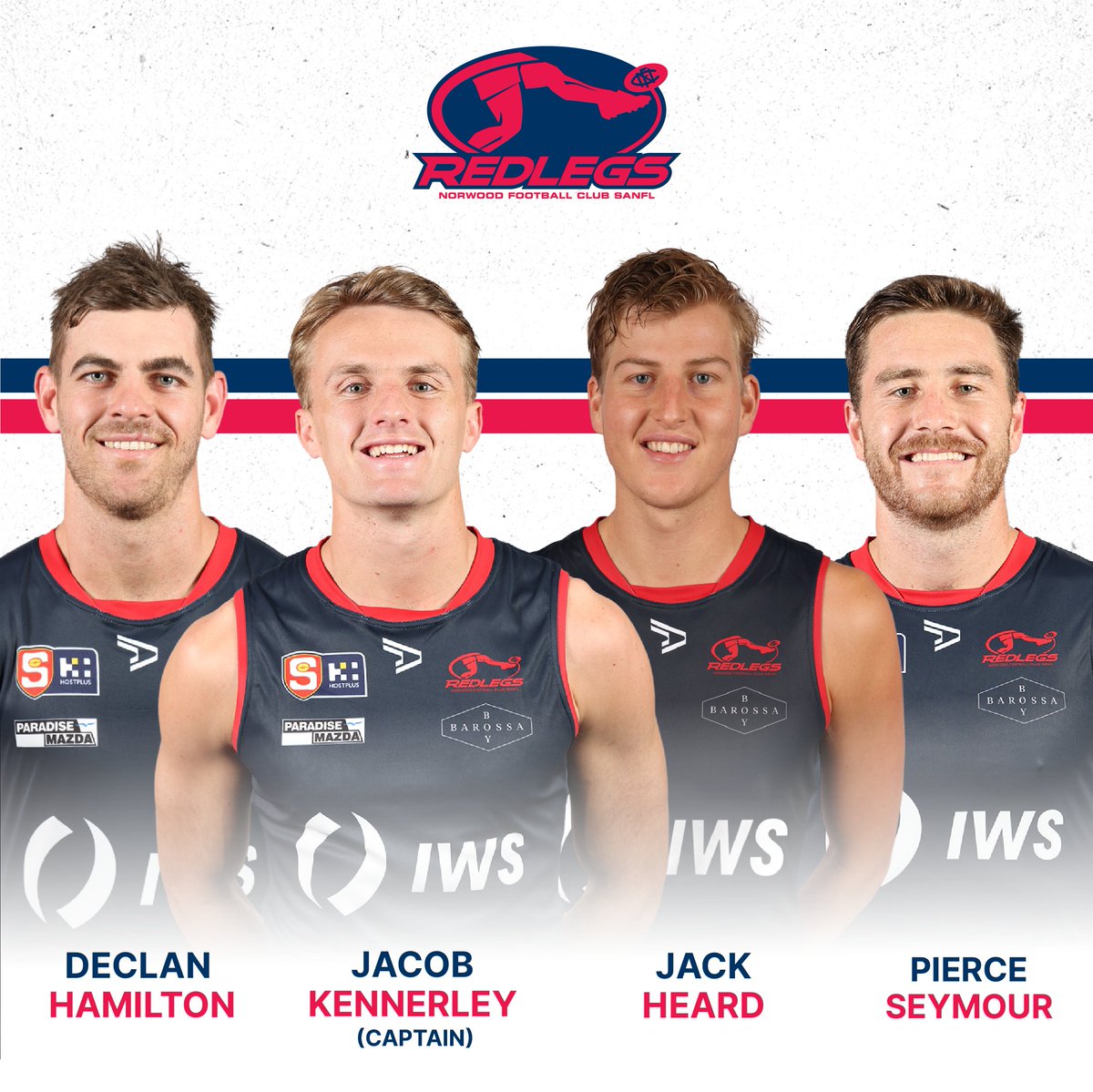 Our 2024 Leaders 🔴🔵

Jacob Kennerley will be leading the boys out for Round 1 this Thursday, and will be assisted by Jack Heard (VC), Declan Hamilton and Pierce Seymour in a four-man leadership group.

Full Story: norwoodfc.com.au/news/2024-seni…

#RememberMore24