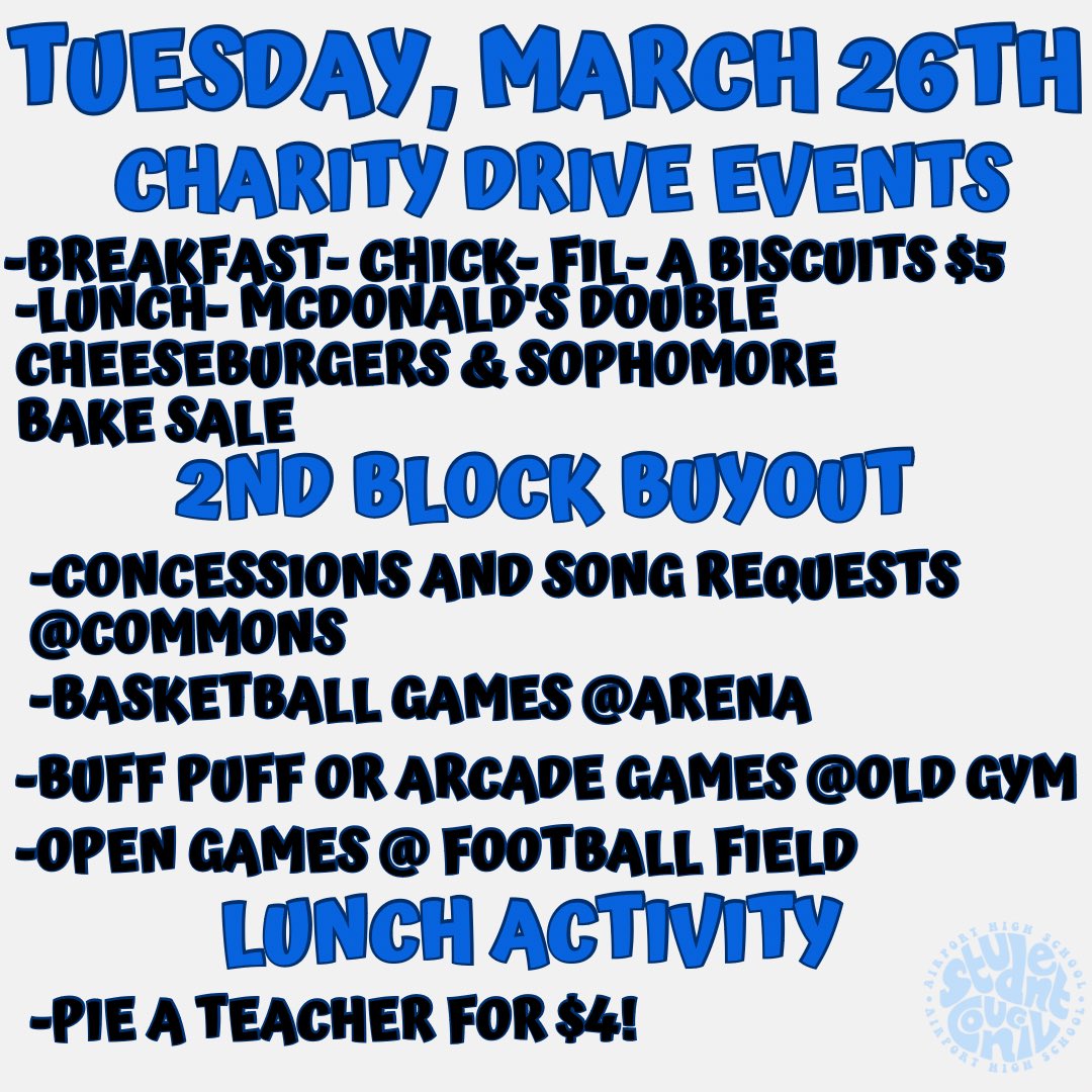 Charity Drive Day 3! #charitydrive2024 <a href="/AHS_Leads/">Airport High School Eagles</a>