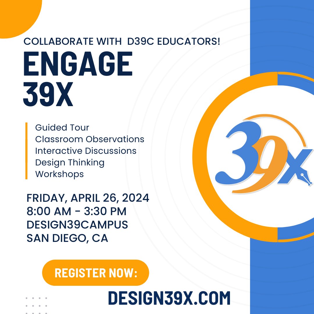 Calling all educators! Engage39 is only 6 weeks away! Reserve your ticket today! If you’re curious about how to engage your learners in authentic experiences, develop student agency, use space in creative ways, & design exhibitions, sign up your team at Design39x.com.