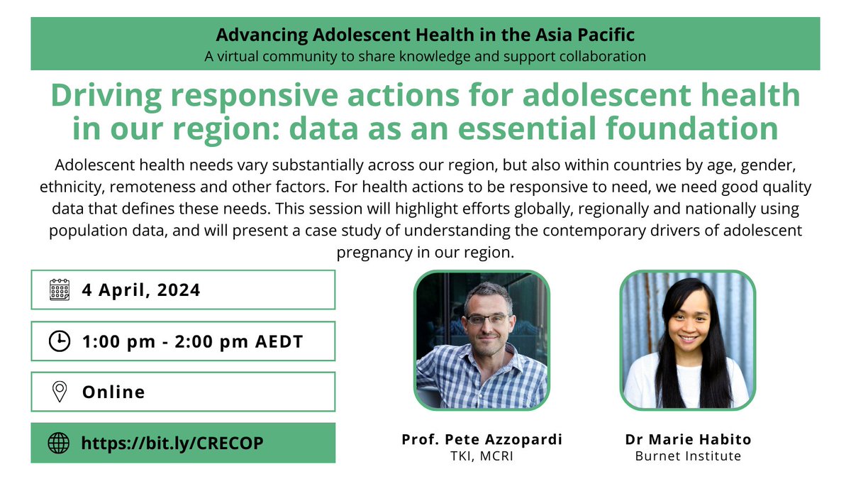 Join Prof Peter Azzopardi and Dr Marie Habito next Thursday as they discuss the importance of good-quality data to ensure that health actions are responsive to adolescent health needs. 🙌 🔗Learn more here: adolescentsourfuture.com/2024/02/drivin… #AdolescentHealth #SeminarSeries