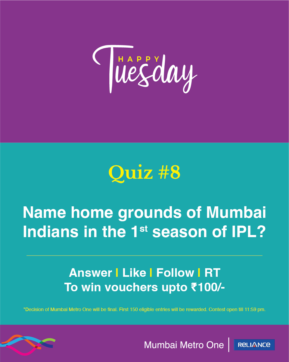 Let's revisit the history of #IPL and answer this question for a chance to win vouchers in the #HappyTuesday contest. To participate - Answer, Like, Follow & Share (all compulsory). #contestalert #mumbaiindians #giveaways #voucher #mumbaimetro