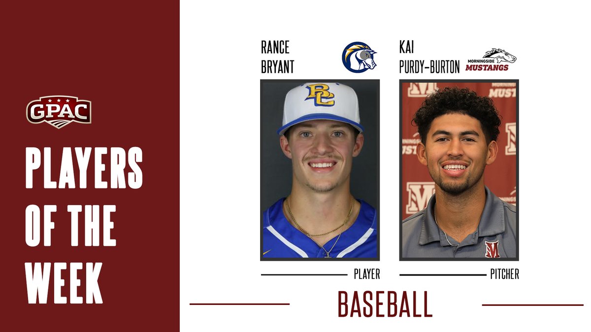 Great Plains Athletic Conference (@gpacsports) on Twitter photo BASEBALL: Week 5 Honors - (Player) Rance Bryant of <a href="/bcuchargers/">Briar Cliff Athletics</a> and (Pitcher) Kai Purdy-Burton of <a href="/MsideMustangs/">Morningside Mustangs ๐ด</a>.
Complete Release:
bit.ly/gpac-bsb05 BASEBALL: Week 5 Honors - (Player) Rance Bryant of <a href="/bcuchargers/">Briar Cliff Athletics</a> and (Pitcher) Kai Purdy-Burton of <a href="/MsideMustangs/">Morningside Mustangs ๐ด</a>.
Complete Release:
bit.ly/gpac-bsb05