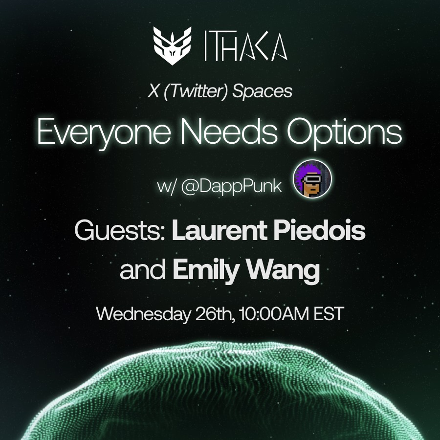 Everyone Needs Options
Come discuss markets, options and option strategies in conversation with top traders. 

This week guest traders <a href="/LaurentP2018/">Laurent Piedois</a> <a href="/emilyjing419/">Emily Wang</a> will join <a href="/dapppunk/">DappPunk</a> for intro to some option strategies. Set reminder on next tweet.