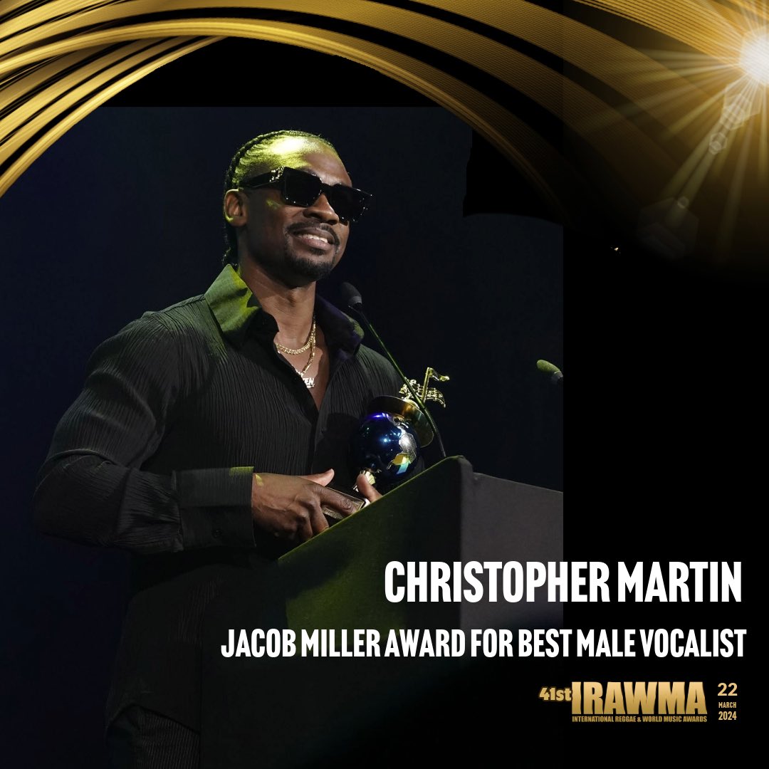 Top Nominee Christopher Martin won 2 awards. Best Gospel Song “Goodness of God” and Jacob Miller Award for Best Male Vocalist at the 41st IRAWMA @iamchrismartin #IRAWMAMoments #IRAWMA #ChristopherMartin