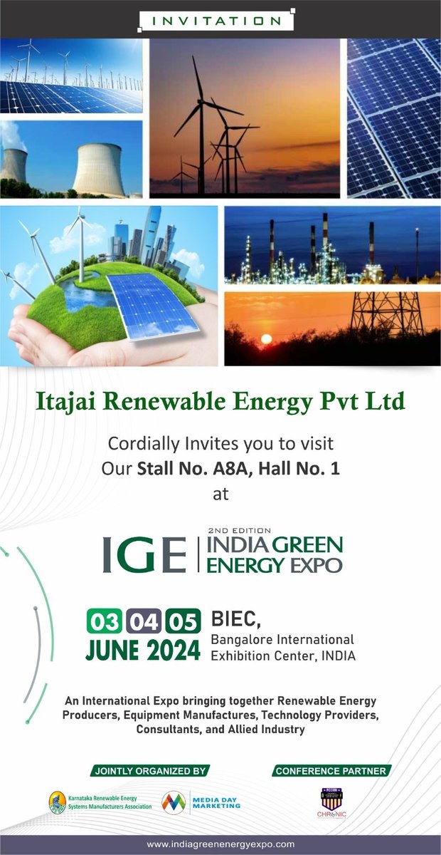 Excited to announce India Green Energy Expo on 3-4-5 June 2024 at @BIECentre, Bangalore! Join us as we showcase the latest in renewable energy solutions. Itajai Renewable Energy Pvt Ltd. will be there, don't miss out! #IGE2024 #RenewableEnergy #BIEC #MohamedMediaBuzz