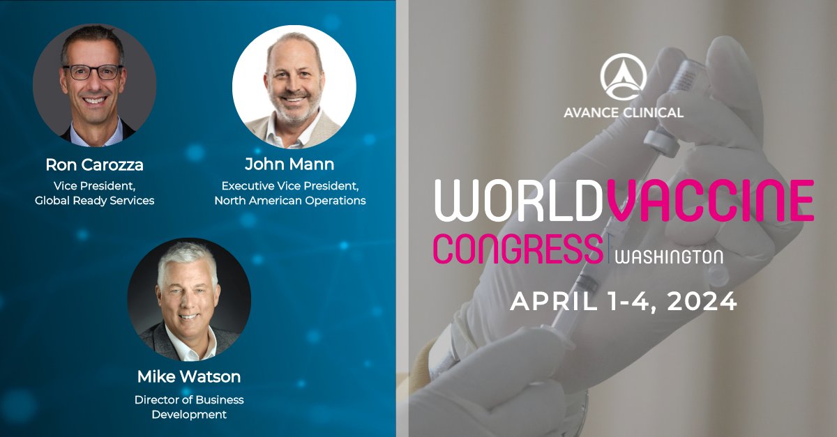 Avance Clinical is gearing up for #WorldVaccineCongress in Washington, D.C., from April 1-4, 2024. Our team of #clinicaltrialexperts will be front and center at Booth #267! avancecro.com/event/meet-ava… #AvanceClinical #cellandgene #CRO #biotech #clinicaltrial #vaccineresearch