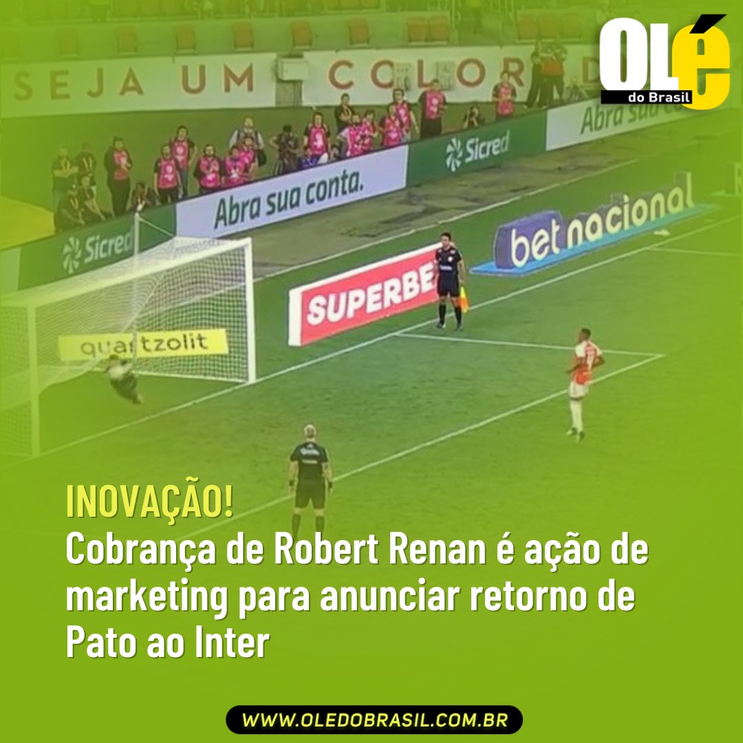 Oledobrasil's tweet photo. Faça sua festa, torcedor colorado! Alexandre Pato está de volta. 

E o anúncio foi feito da forma mais criativa possível: com uma cobrança de pênalti em homenagem ao atacante.

Tal qual Pato, Robert Renan deu uma cavadinha nas mãos do goleiro e acabou eliminando o Inter. Isso que é inovação! 

A torcida não gostou, mas, provavelmente, vai adorar quando souber que tudo não passa de uma ação de marketing!

Agora, para finalizar as ações do anúncio, algum jogador colorado tentará entrar para a família Silvio Santos.