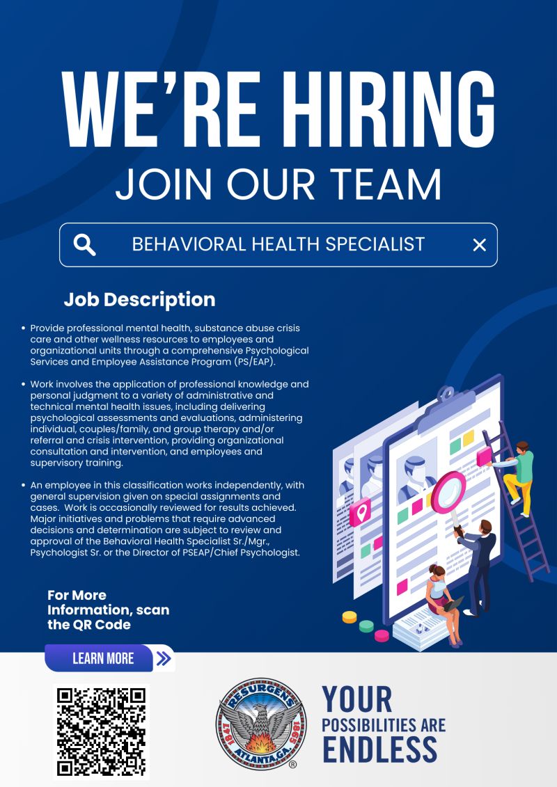 COACareers's tweet photo. The City of Atlanta, Department of Human Resources is looking for Behavioral Health Specialists to provide professional mental health, substance abuse crisis care, and other wellness resources to employees. Click the link #CityOfAtlanta https://t.co/2VaKGdwGHE #CityOfAtlanta https://t.co/wksNijV08Q
