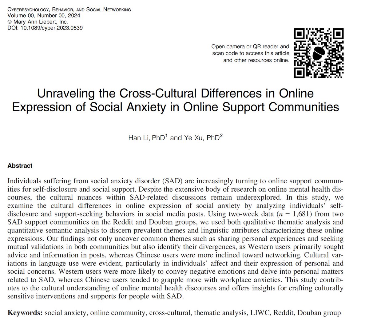 Excited to share that my new article (with my 10-year friend Ye Xu) is out today @Cyberpsych_Jn! 🙌 We explore cross-cultural differences in online expression of social anxiety, contributing to cultural understanding of online mental health discourses. Scan QR code for details.