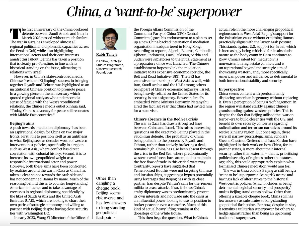 In <a href="/the_hindu/">The Hindu</a> today, I examine #China's diplomatic posture around the war in #Gaza and why, as it celebrates one year of mediating a deal between Saudi Arabia and Iran, Beijing is reluctant to try and do the same in the current scenario. thehindu.com/opinion/op-ed/…