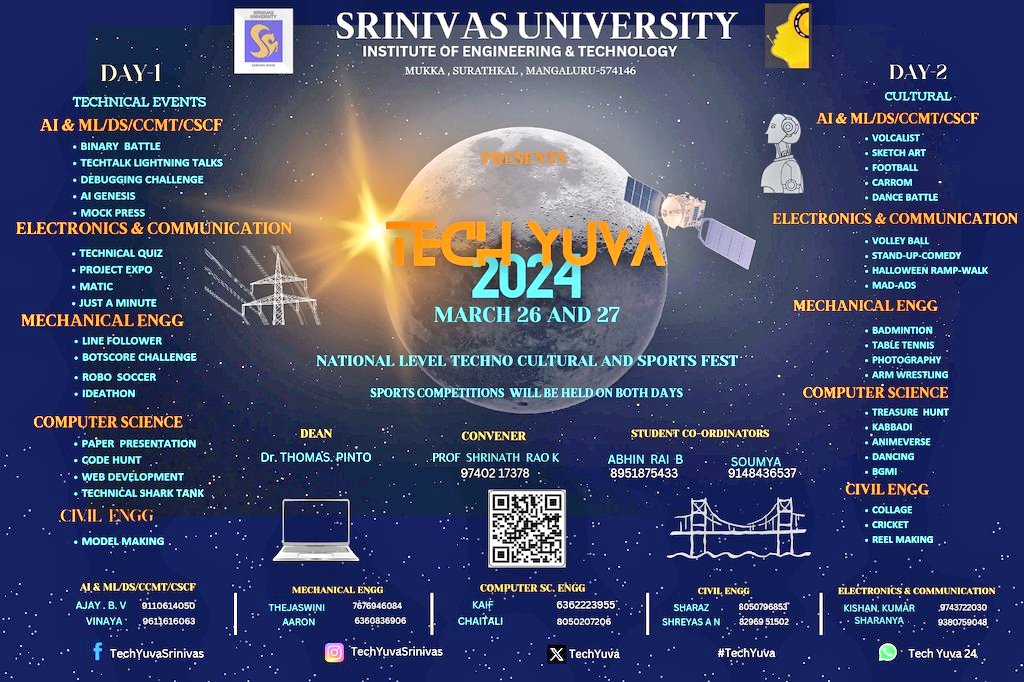 SUIET_Mukka's tweet photo. Welcome to National Level Techno Cultural &amp; Sports Fest, Tech Yuva-24 @TechYuva at SUIET @SUIET_Mukka, #SrinivasUniversity, Mukka.
Theme of #TechYuva24 is #Chandrayaan &amp; dedicated to ISRO Scientists @isro for their Great Success &amp; Immense Contribution to Bharat.
#TechYuva #SUIET https://t.co/UREuZHFCba