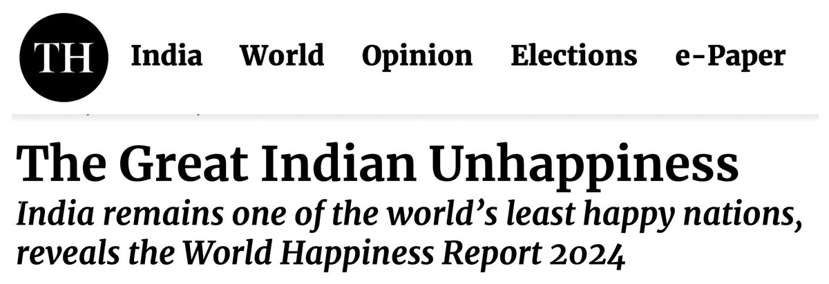 India is ranked 126 in the just out World Happiness Report. Totalitarian Saudi Arabia is 28, Inflation wrecked Venezuela 79, Destroyed Palestine 103, War torn Ukraine 105, Begging bowl Pakistan 108. Modi has made us peaceful, safe, united, stable, but unhappy. He must resign.