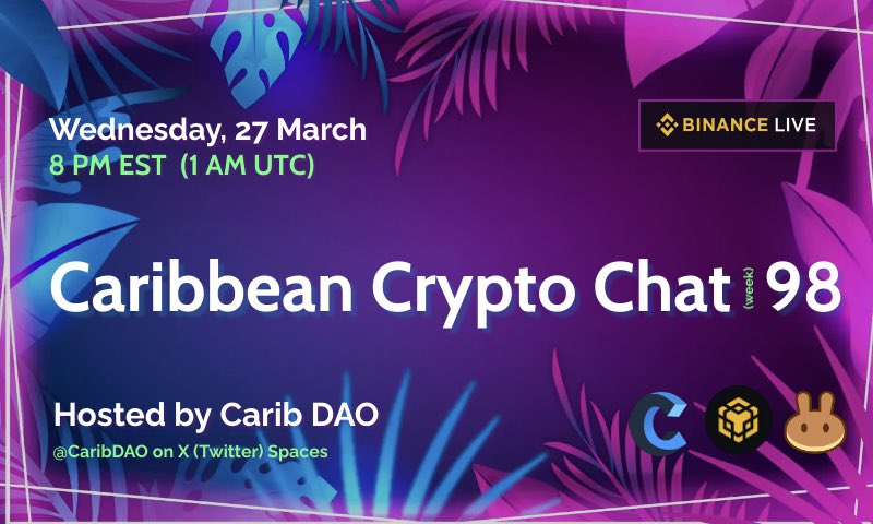 CaribDAO's tweet image. C𝐚r𝐢b𝐛e𝐚n C𝐫y𝐩t𝐨 𝐂h𝐚t ep. 98

🕗 Wednesday(s) @ 8PM EST

🎙 Hosts @eezyfree @dp_carib

— Market Updates 🌊🚀
— Games vs memes
— DAO voting &amp;amp; rewards

🎗Set a reminder on 𝕏: 

🎁 Watch-to-earn: binance.com/en/live/video?…

#FinanceTwitterJA #BrickTalk