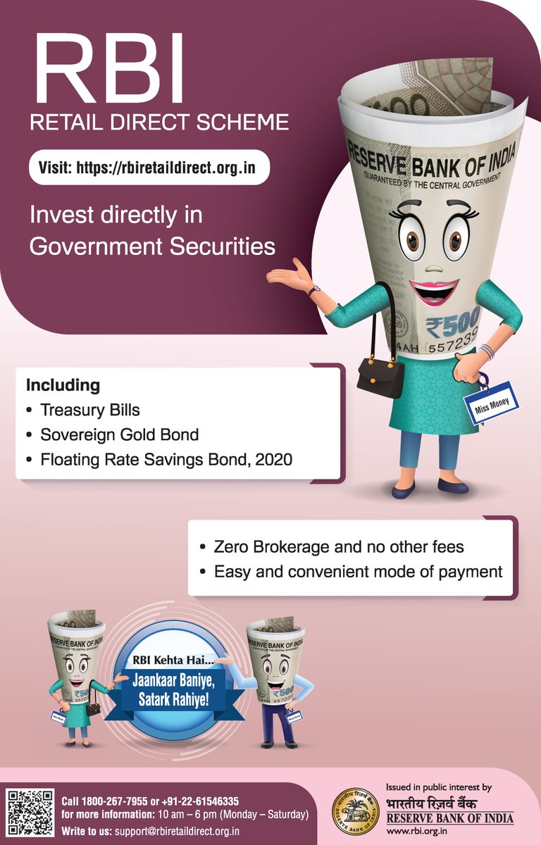 .@RBI Kehta Hai... Invest directly in Government securities, including Treasury Bills, Sovereign Gold Bond, Floating Rate Savings Bond, 2020, Zero Brokerage and no other fees. Easy and convenient mode of payment visit: rbiretaildirect.org.in rbikehtahai.rbi.org.in/RBI_Retail%20D…