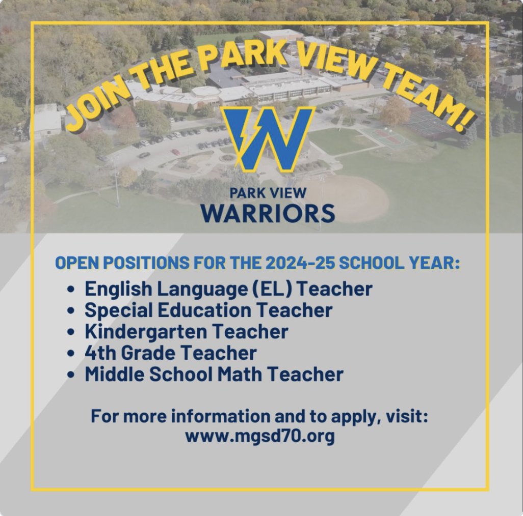 Park View School is a truly special place. An exemplary school comprised of amazing students, passionate staff, and supportive families. We are looking to add more amazing individuals to our Park View community.