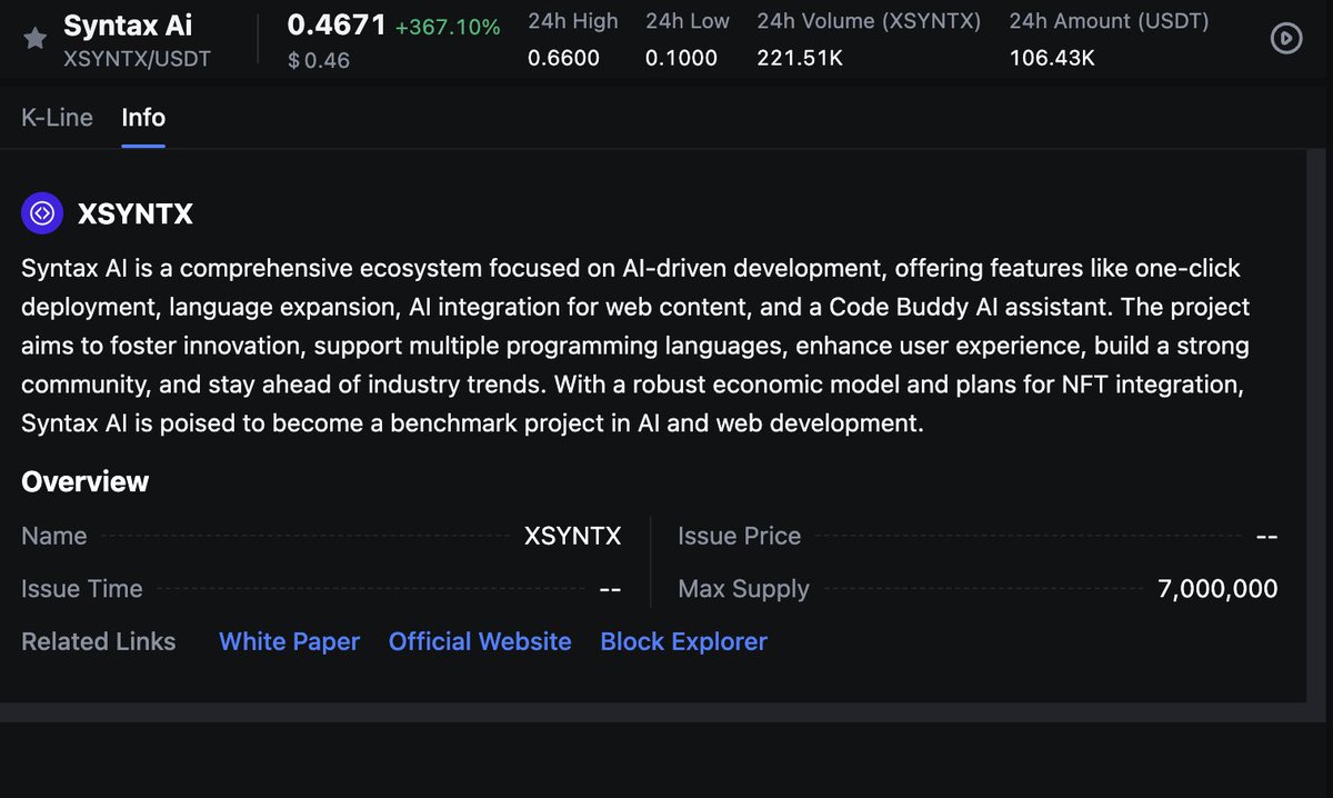 SyntaxErc's tweet image. We are live on @MEXC_Official 

Please note, direct deposits of $SYNTX on MEXC are not supported. For seamless transactions, users must bridge SYNTX to xSYNTX through our designated platform.

syntaxai.app/xsyntax