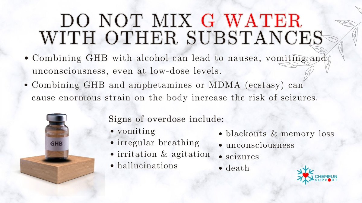 G Water (GHB/GBL) boleh menjadi amat berbahaya, terutamanya apabila digunakan bersama alkohol atau substance lain, kerana ia boleh menyebabkan kehilangan kesedaran, kegagalan pernafasan, dan bahkan kematian.