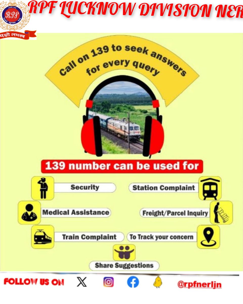 rpfnerljn's tweet photo. #OneNationOneHelpline139*
Dial Rail Madad Integrated  Helpline number 139 and seek answers to all your queries/concerns during your Train journey.
 #Dial139 
#IndianRailways #StayAlert #StaySafe @drmljn 
@RPF_INDIA 
@rpfner 
#TickettoSuraksha https://t.co/iZ67F4ccPc