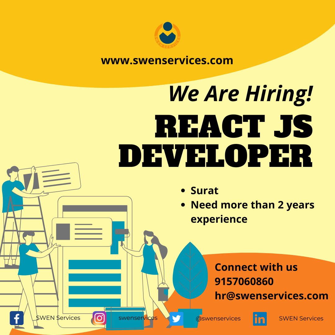 #hiringalert #swenservices
#reactjsdeveloper #reactdeveloper
Location :: Surat
Need more than 2 years experience
Call or share your resume on 9157060860 for more details.
#suratjobs #suratitjobs #jobsinsurat #itjobsinsurat #panindiajobs