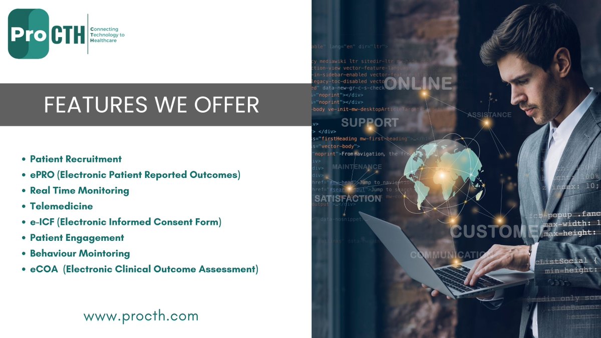 procth_app's tweet image. Transform patient care with our comprehensive suite of digital solutions! 

#patientrecruitment #eicf #behaviormonitoring #ecoa #clinicaltrials #digitalhealth #healthcaretechnology #clinicaloutcomes #patientcare #mhealth #remotepatientmonitoring #healthcareanalytics