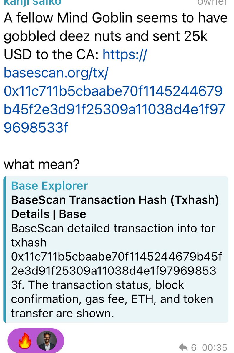 LMFAOOOOOO BRUH SOMEONE SENT 25k to renounced contract addy 

SAY MIND GOBBLE 🥜🥜🥜🥜

basescan.org/tx/0x11c711b5c…
