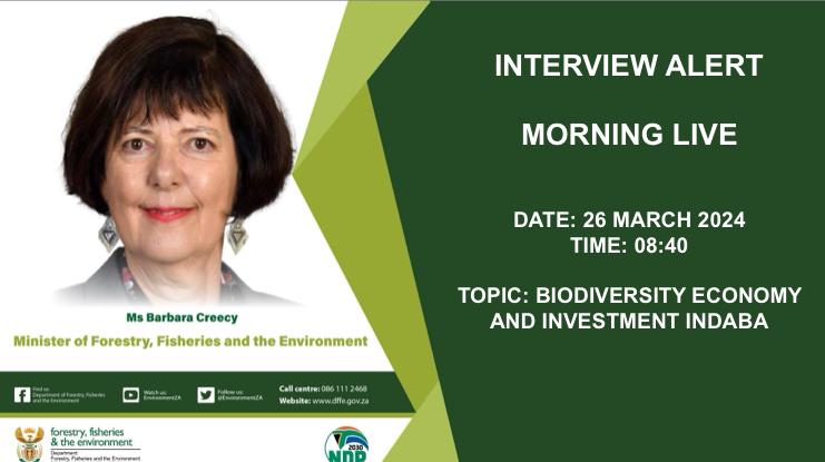 Join Minister <a href="/BarbaraCreecy_/">Minister of Environment, Forestry & Fisheries 🇿🇦</a> today on <a href="/MorningLiveSABC/">SABCNews_MorningLive</a>  at 08:40 as she unpacks the Biodiversity Economy and Investment Indaba.

#Biodiversity #Economy