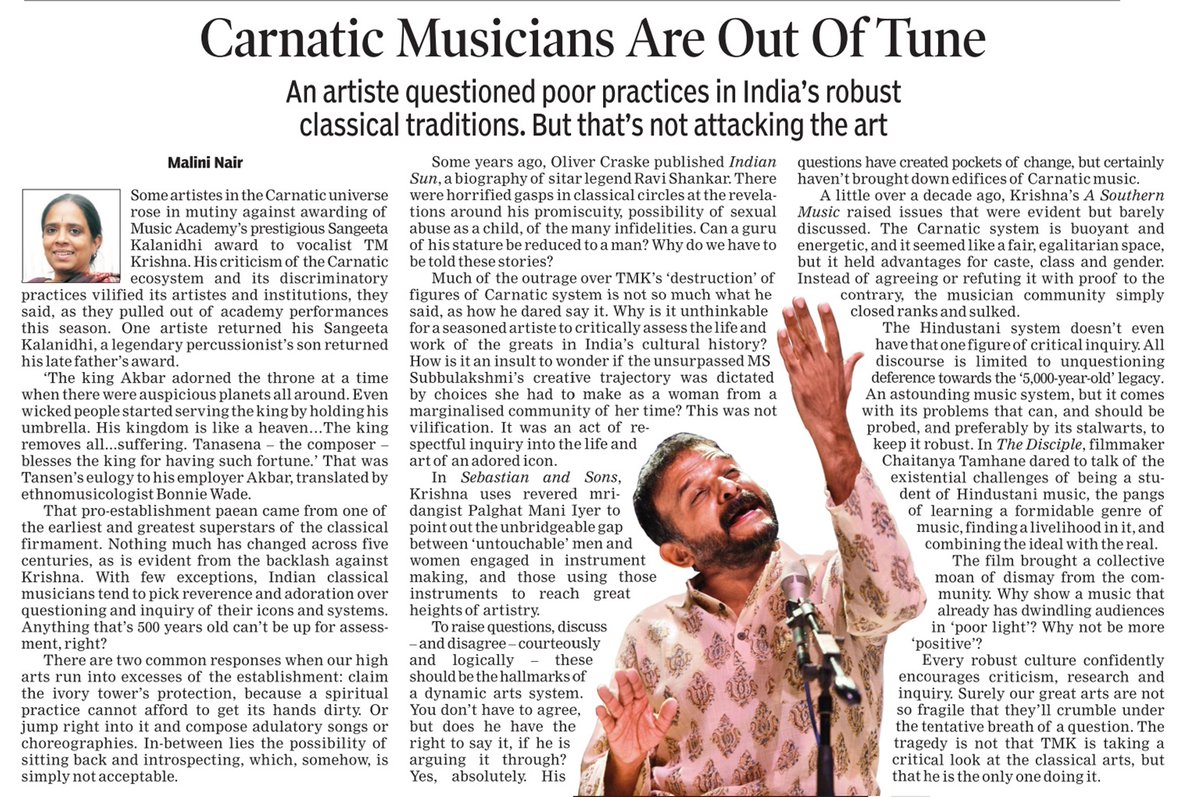 Must read by @TheMalini Tragedy is TM Krishna is the ONLY one questioning the traditions.