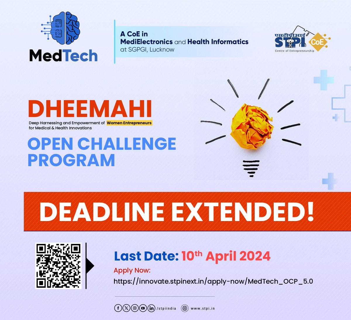 Deadline Extended!! #Startups don't miss out on this incredible opportunity to participate in @MedTechCoE 's OCP 5.0 and be at the forefront of innovation in #healthcare. Apply now: innovate.stpinext.in/apply-now/MedT… Deadline: 10th April 2024.