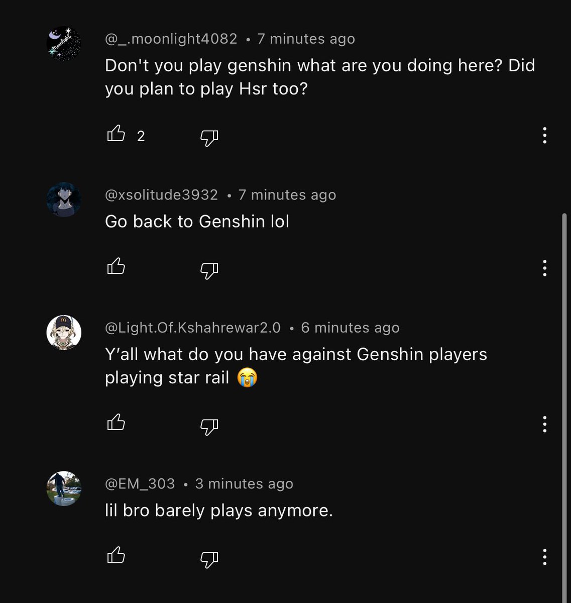 caketuonto's tweet photo. really cool commenting on a star rail vid
and then being absolutely denied access to star rail because i play genshin

like im f2p in star rail and dont have to make videos or stream it to play when i just want to enjoy the game

wish people were nicer https://t.co/C7IxNldiQn