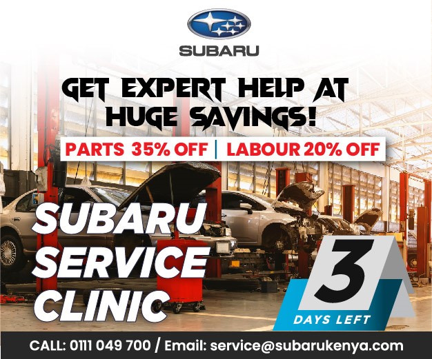 Only 3 days left to get a comprehensive checkup for your Subaru at unbeatable prices! Don't miss this opportunity. Visit any Subaru Kenya Parts & Service Center: Athi River Rd (Industrial Area, Nairobi) or Mombasa Rd Branch. #TakeCareOfYourRide #SubaruKenya #LoveYourSubaru