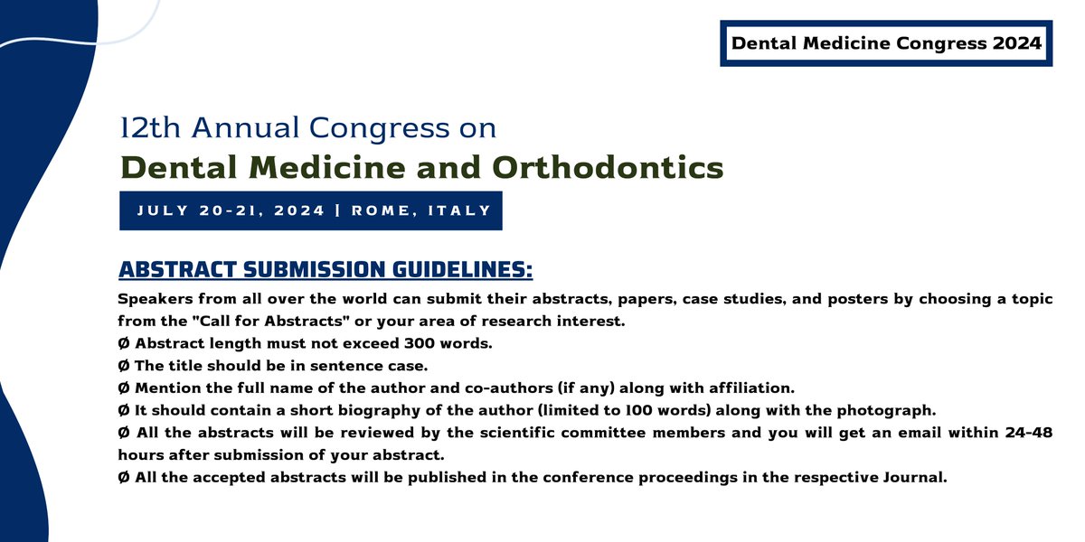 OrthoDentalConf's tweet photo. #Conferenceseries is excited to announce the upcoming conference on #Dental #Medicine & #Orthodontics! We encourage you to submit an #abstract highlighting your work and findings. Conference Website: https://t.co/uAxE9W6k0c
#conferenceannouncement, #DentalMedicineCongress2024 https://t.co/gsJDmYP6oP