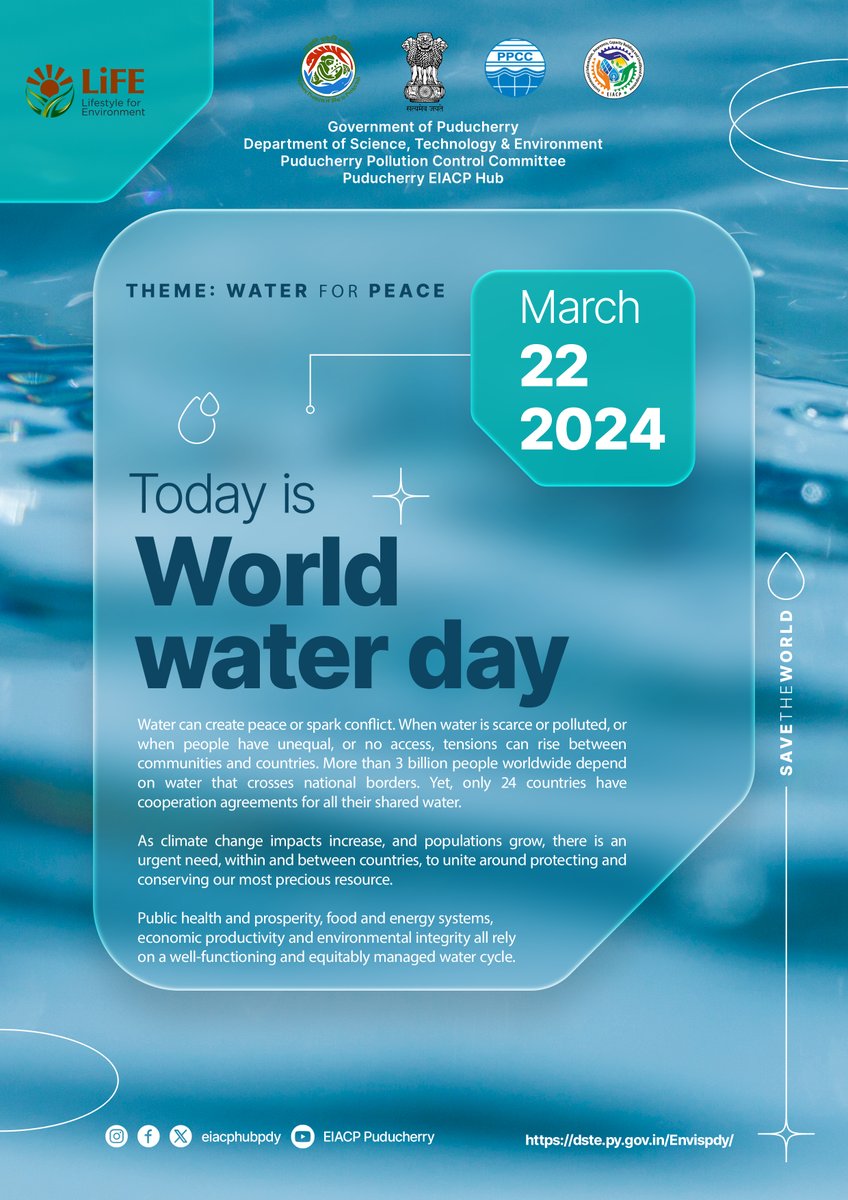 World Water Day - 22 March, 2024.

Theme : Water for peace.

2.2 billion still live without safely managed drinking water, including 115 million people who drink surface water. (WHO/UNICEF, 2023).

#MissionLiFE #ChooseLiFE #ProPlanetPeople #moefcc

@moefcc
