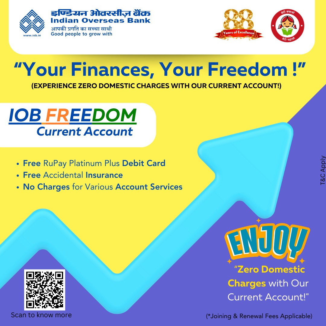 IOBIndia's tweet photo. "With IOB's Freedom Current Account, bid farewell to unnecessary charges. Here's to smart banking, without the strings attached!"
#IOBFreedomAccount #IOBFreedomCurrentAccount
https://t.co/t54iXMYukh
#IOB #IndianOverseasBank #dfs #RBI #KYC #AccountOpening #savingsaccount #savings #DigitalAccount #UniqueFeatures #nilcharges #free #zerobalance #Unlimited #banking #PSB #bankaccount
@DFS_India @RBI