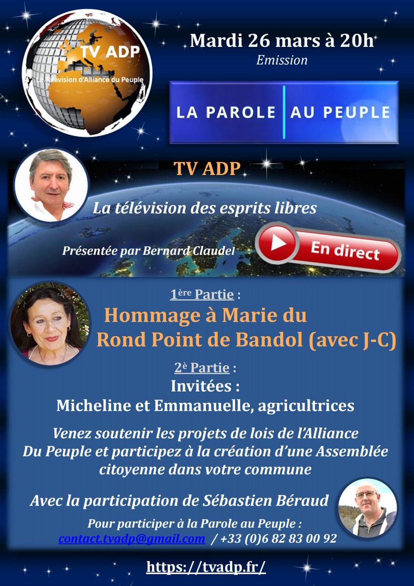 🎬 Emission #LaParoleAuPeuple ce mardi 26 Mars sur TV ADP 👍🏼 Lien pour voir le live : tvadp.fr - Sur Crowdbunker : crowdbunker.com/@tVADP -  Sur telegram : t.me/tvadp - Sur Twitch :  twitch.tv/moderateurtvadp - Sur VK : vk.com/tvadp 🌏