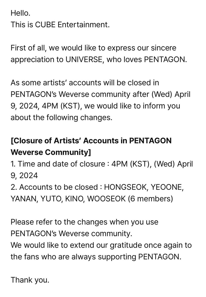 สรุป #PENTAGON เมมเบอร์คนไหนที่ไม่อยู่คิวบ์ก้จะปิดแอคส่วนตัวหมด เช่น ฮงซอก ยอวอน เหยียนอัน ยูโตะ คิโน่ อูซอก ตั้งแต่วันที่ 9 เมษานี้ เวลา 14:00 ไทย เพราะกล่องถือแอคเพนทากอนเป็นหลัก ประโยคแรกคือสตอมากตามสไตล์คิวอ่ะ