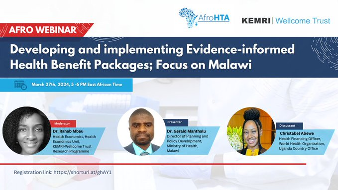 2 DAYS TO GO! Have you registered for the upcoming webinar on Malawi’s experience with developing, revising, and implementing a health benefit package? 27th March 2024, 5:00 EAT Registration link: shorturl.at/ghAY1