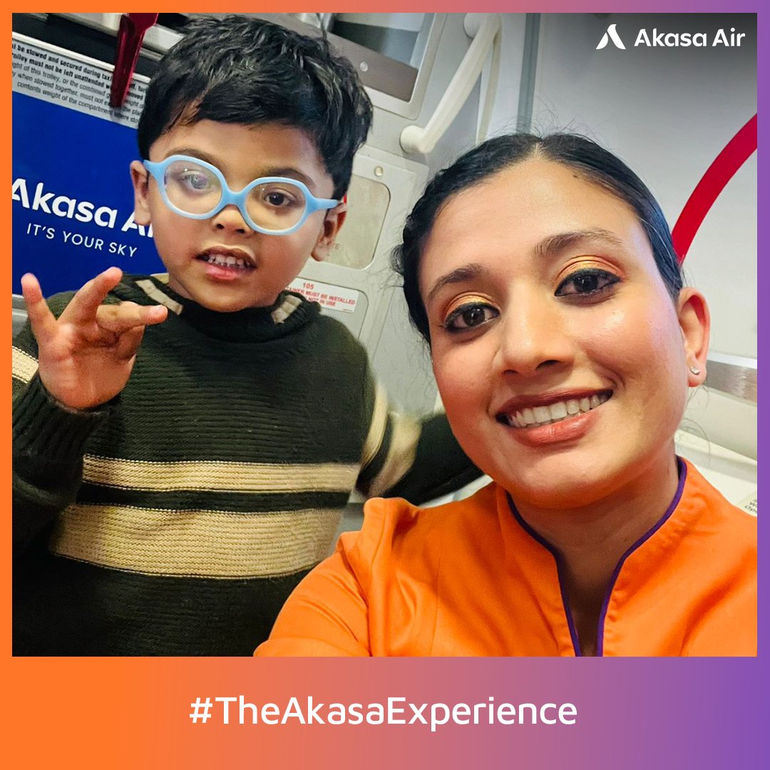 Matching the energy of children is always fun! This little champ entertained us and the passengers, throughout the flight. Our crew made him feel comfortable and he happily bid us goodbyes, ready to make more memories. #AkasaAir #ItsYourSky #MomentsOfDelight #TheAkasaExperience