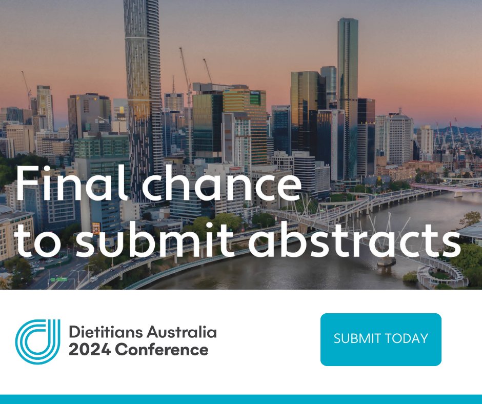 Submissions for our 2024 Dietitians Australia conference are closing soon. Submit your abstract before 11:59pm AEDT on Sunday 31 March 2024. Seize the opportunity to #BreakBarriers in nutrition: da2024.com.au #DA2024 will be held 18 - 20 August 2024 in Brisbane.